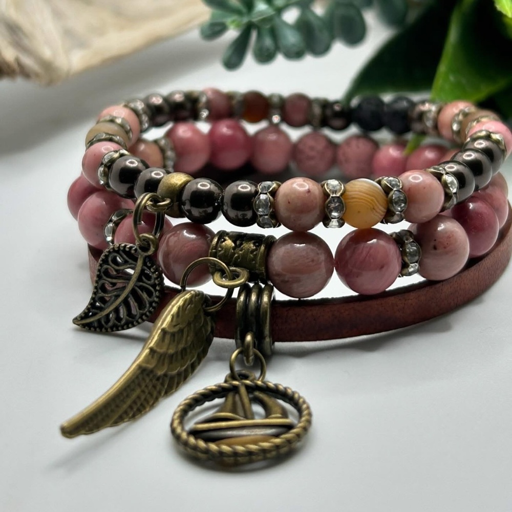 Chic Pink and Gold Charm & Leather Bracelet Set